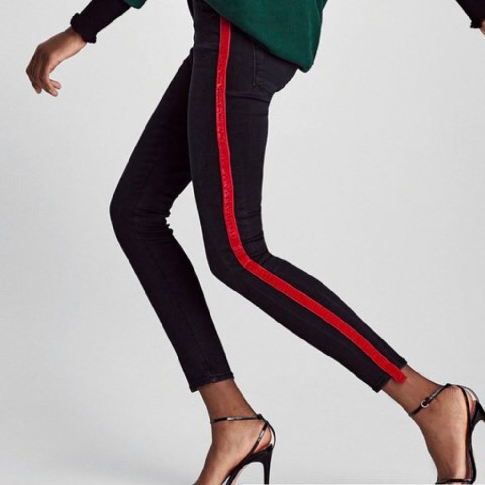Zara Black/Gray Skinny Jeans with Red Velvet Stripe Size 10